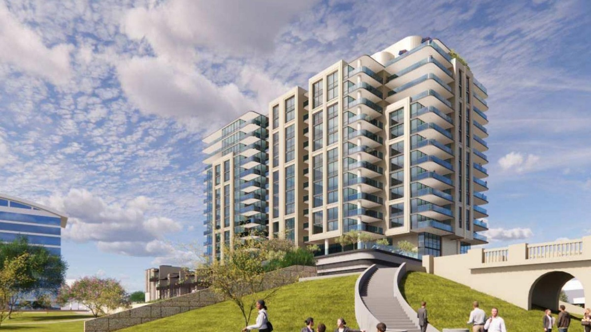 Rendering of the planned 250 Rio development in Tempe, Arizona, showing modern mid-rise buildings, balconies, and landscaped green space.