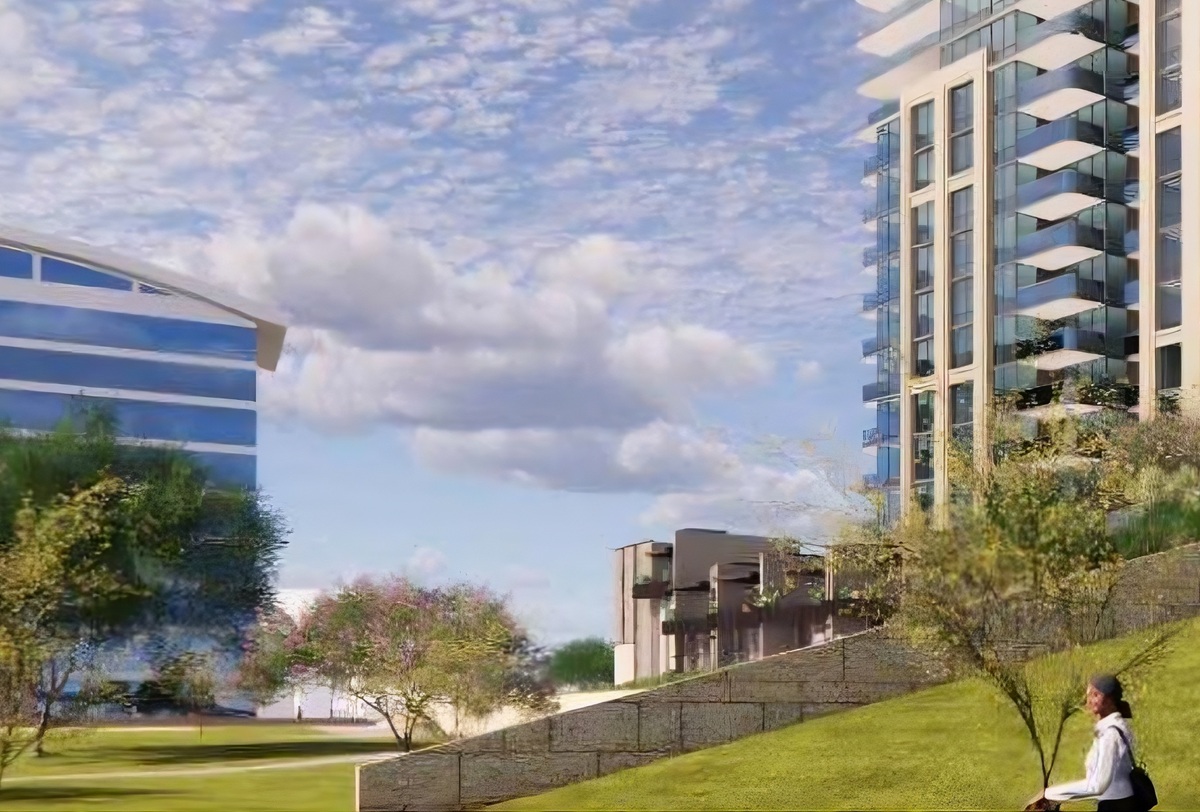 Architectural rendering of 250 Rio, a planned mixed-use development in Tempe, Arizona, with contemporary residential towers and open lawns.