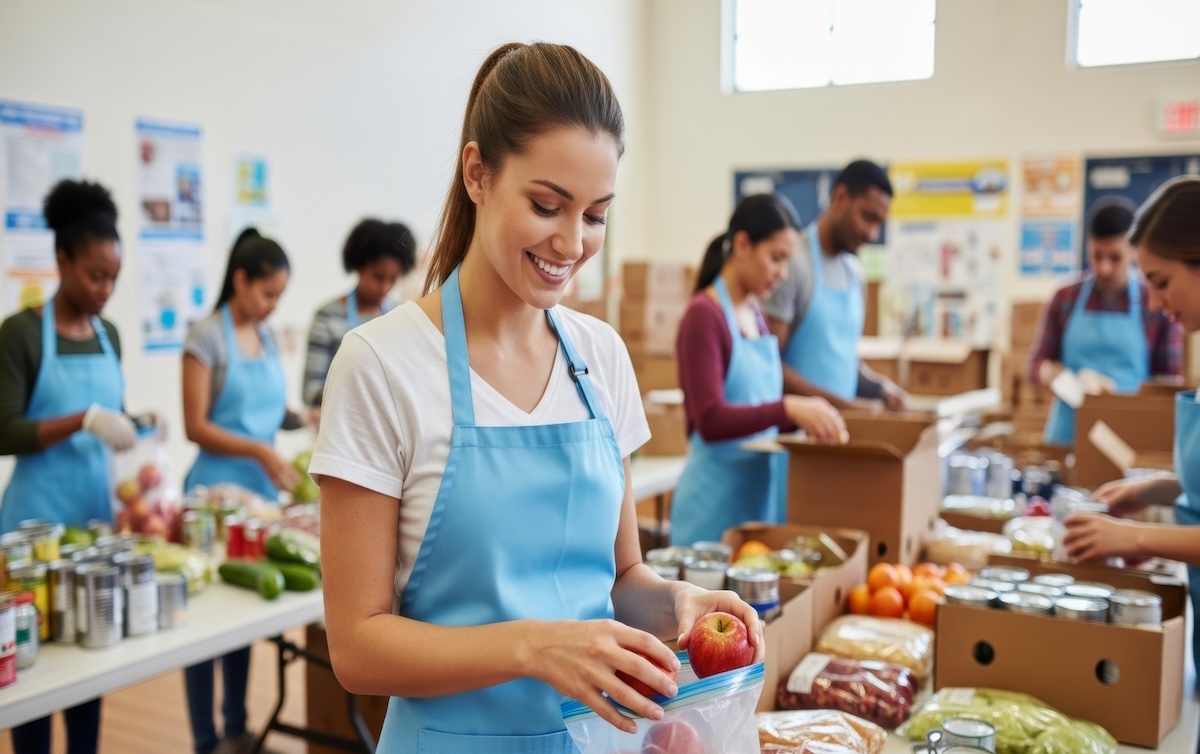 Young female volunteer sorting food at community donation center.