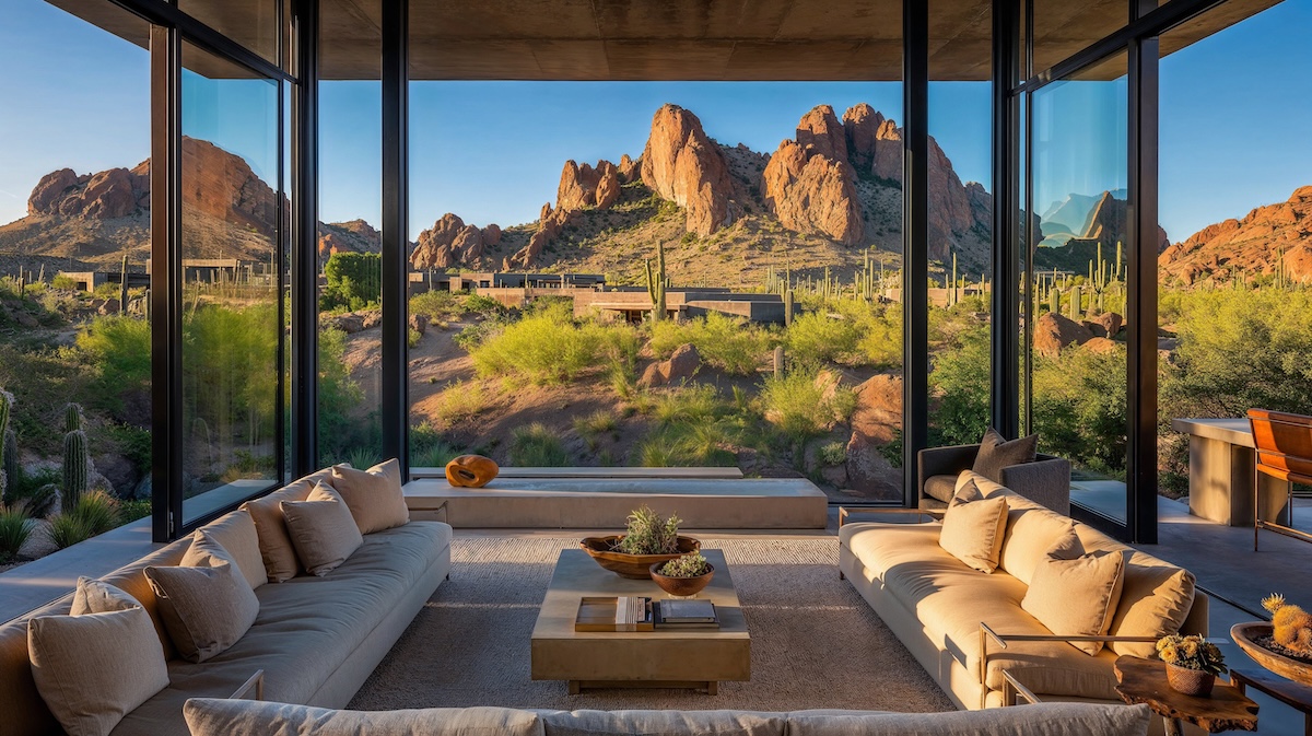 View from a enclosed patio in a house in the Arizona desert