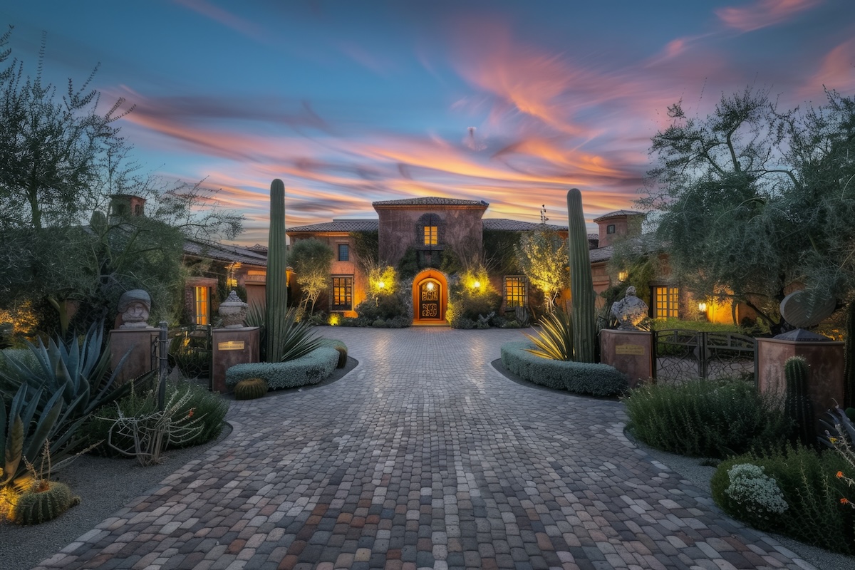 The driveway of an elegant home in the desert, with lights on and large landscaping around it It has arched doorways leading to its wide cobblestone driveway