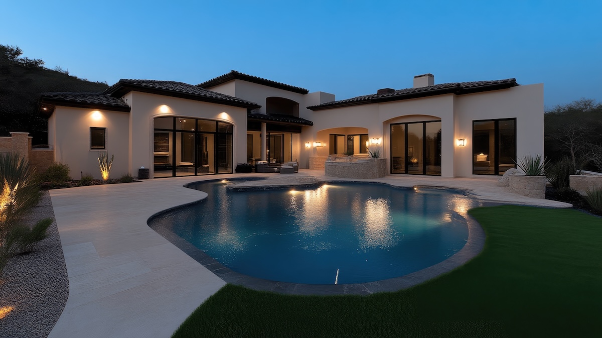 Modern luxury home with pool at twilight.