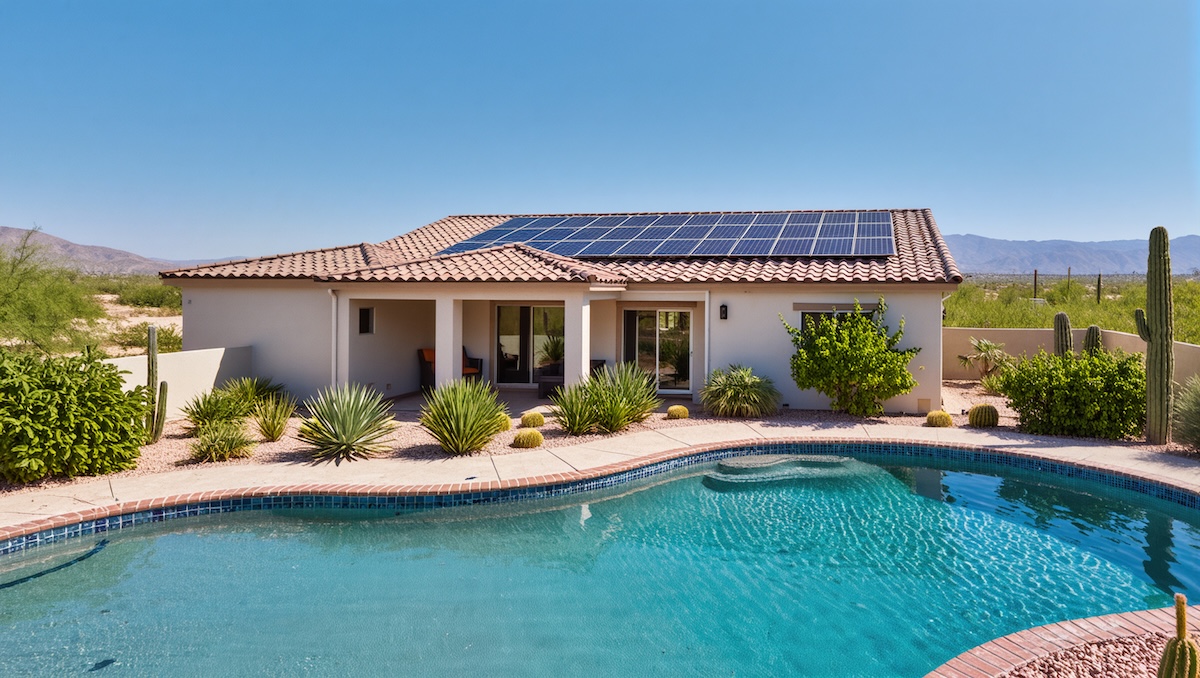 A luxurious, modern desert home with a swimming pool in the foreground. Solar panels are installed on the tiled roof of the house, which features a covered patio.