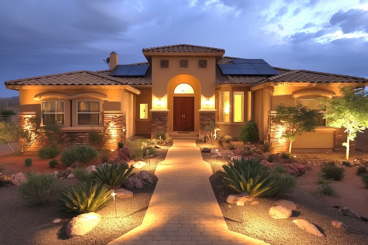 Tan Stucco Desert Home With Solar Panels At Dusk