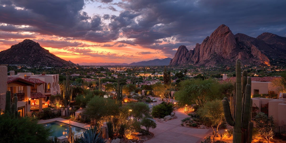 Sunset View of Resorts and Architecture with Cactus in Foreground