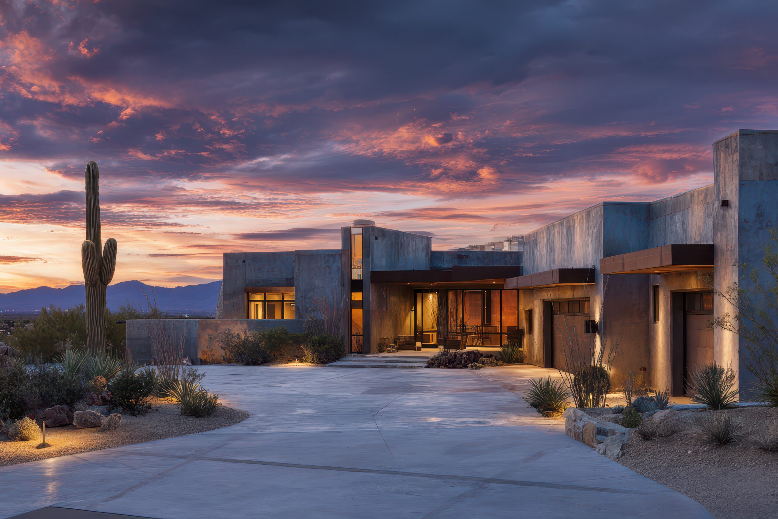 Tucson Home. Contemporary Green Community in Arizona at Desert Sunset