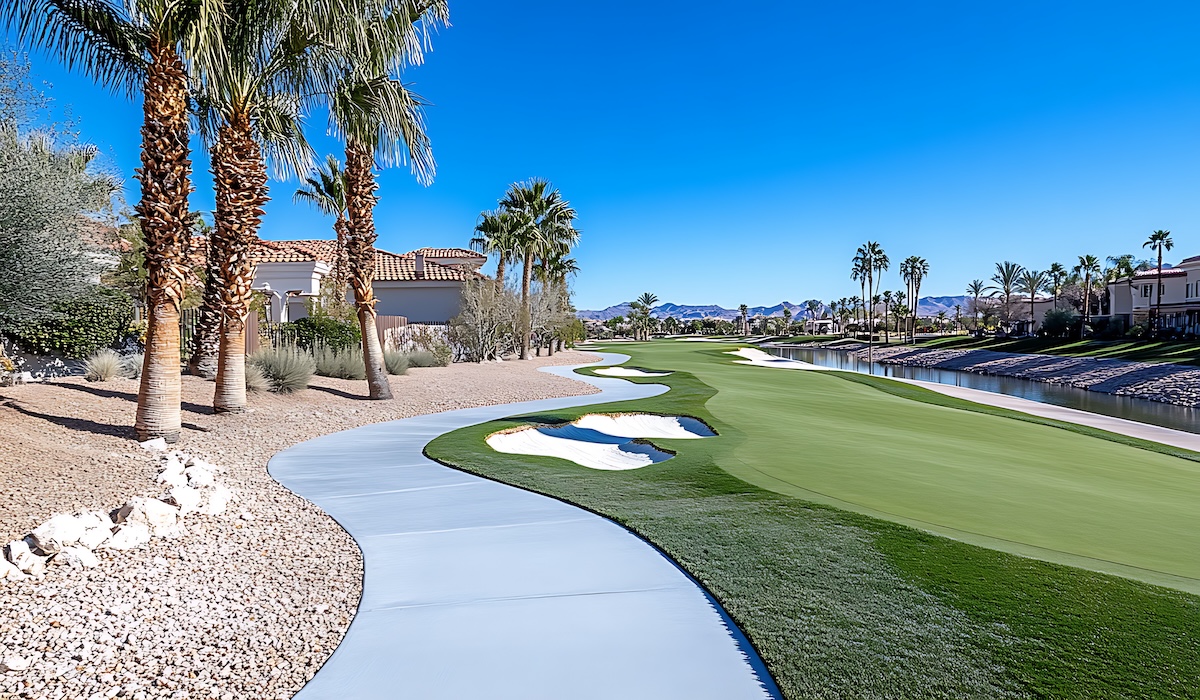 Scenic Golf Course Pathway with Palm Trees and Luxury Homes Arizona Desert Landscape