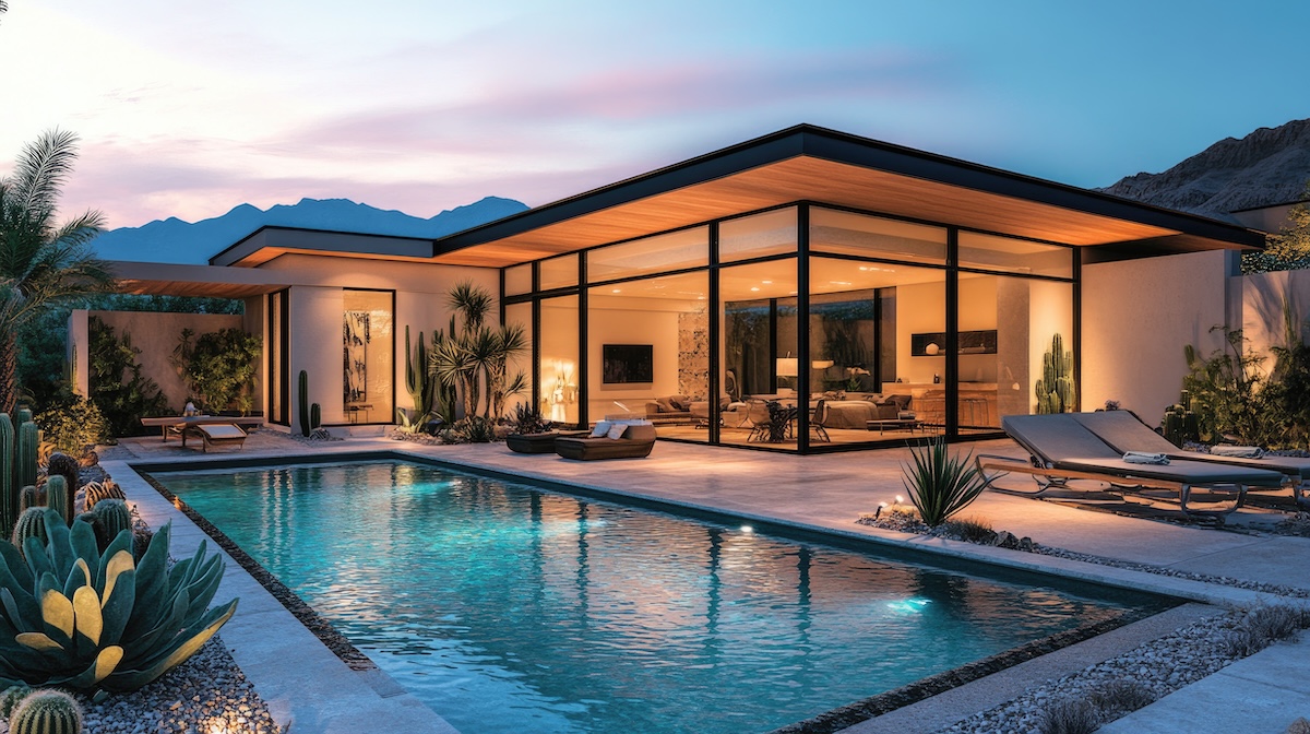 Modern geometric concrete home overlooking desert cityscape with swimming pool