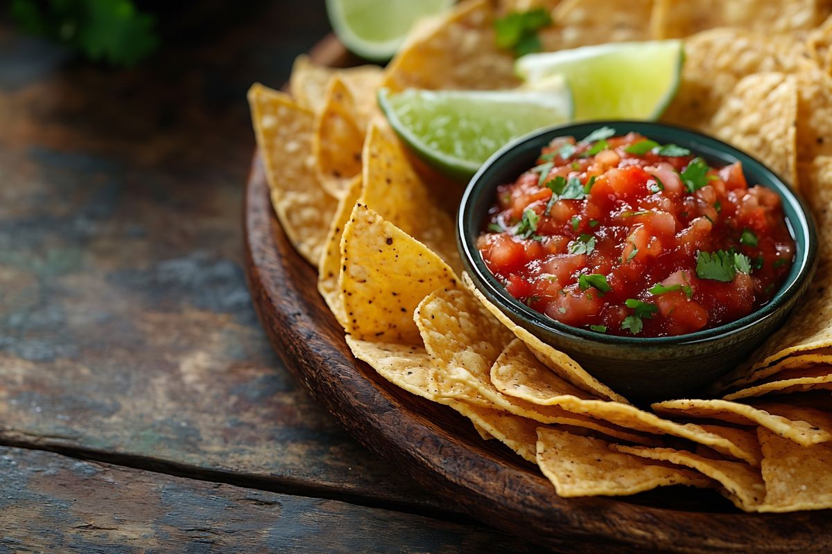 nachos with salsa and lime on a platter dish