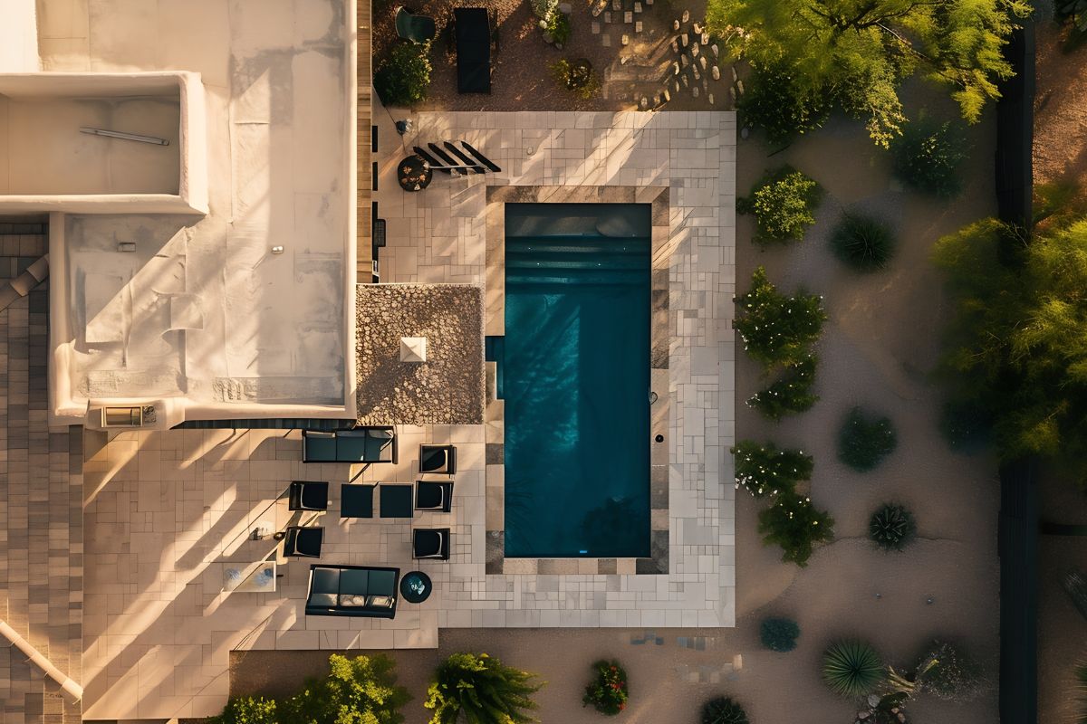 luxury exterior patio design with swimming pool