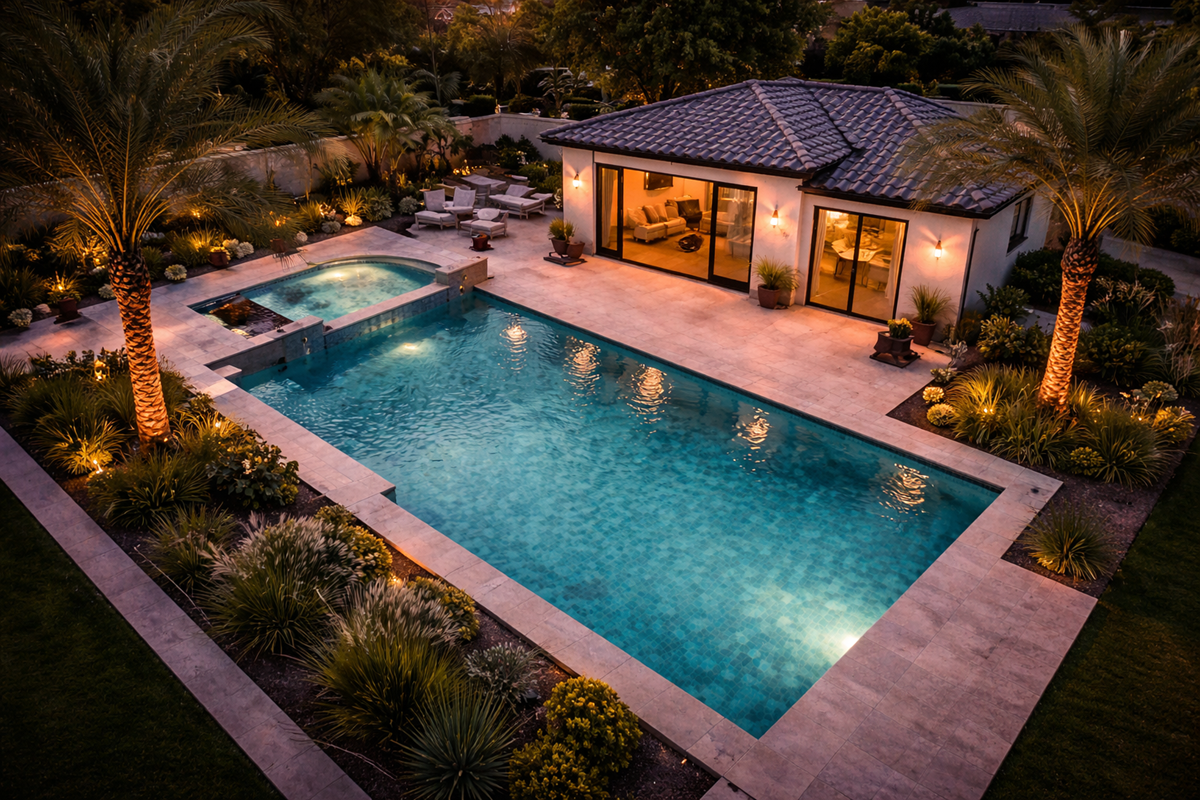 Aerial view of luxury backyard with pool, spa, and modern casita at sunset.