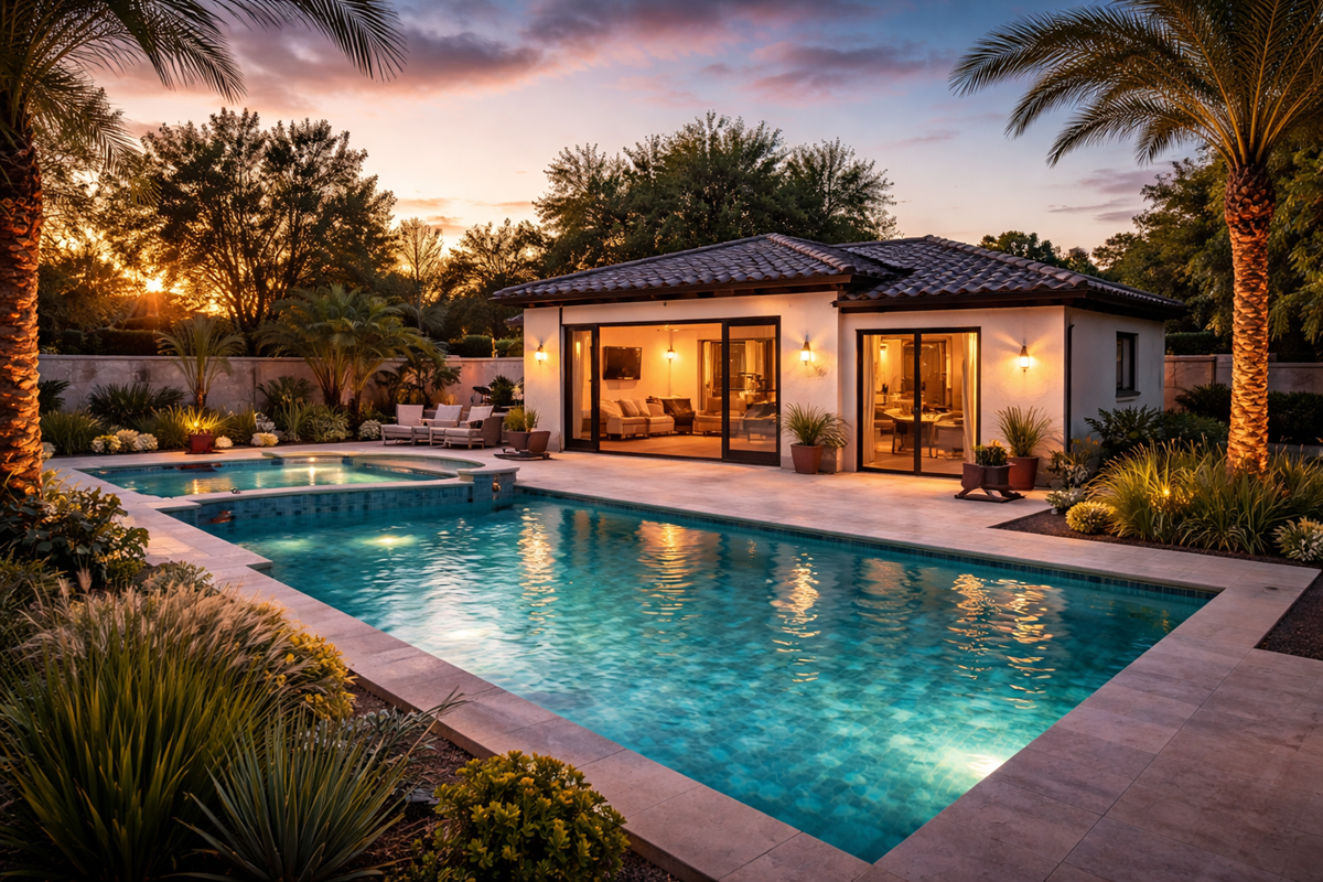 Luxury backyard pool with illuminated casita and palm trees at sunset.