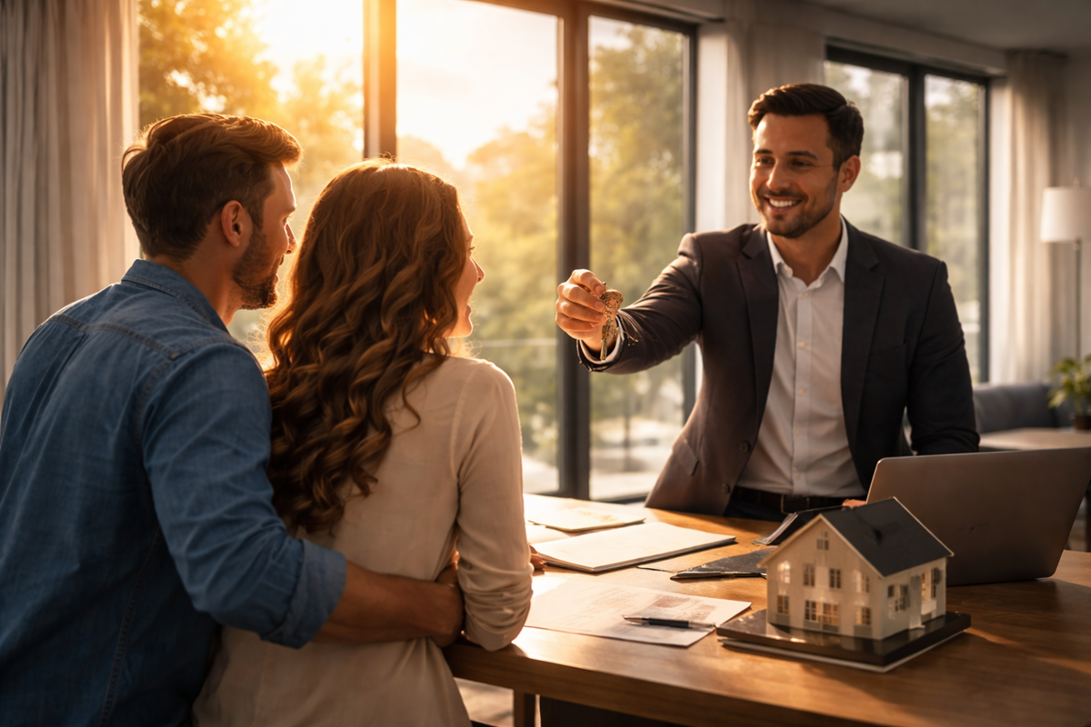 Couple standing together outside a warm, sunlit home at golden hour.