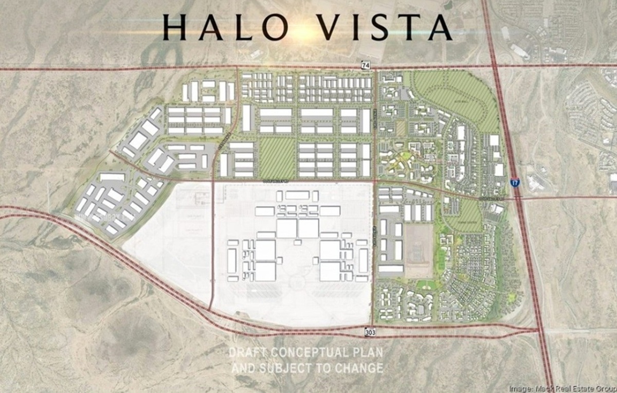 Conceptual master plan labeled “Halo Vista” showing a large mixed-use development area with industrial, residential, and commercial zones surrounding a central campus site.