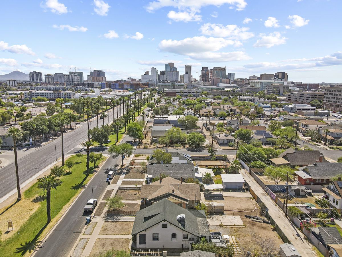 Phoenix skyline and central neighborhood aerial view.