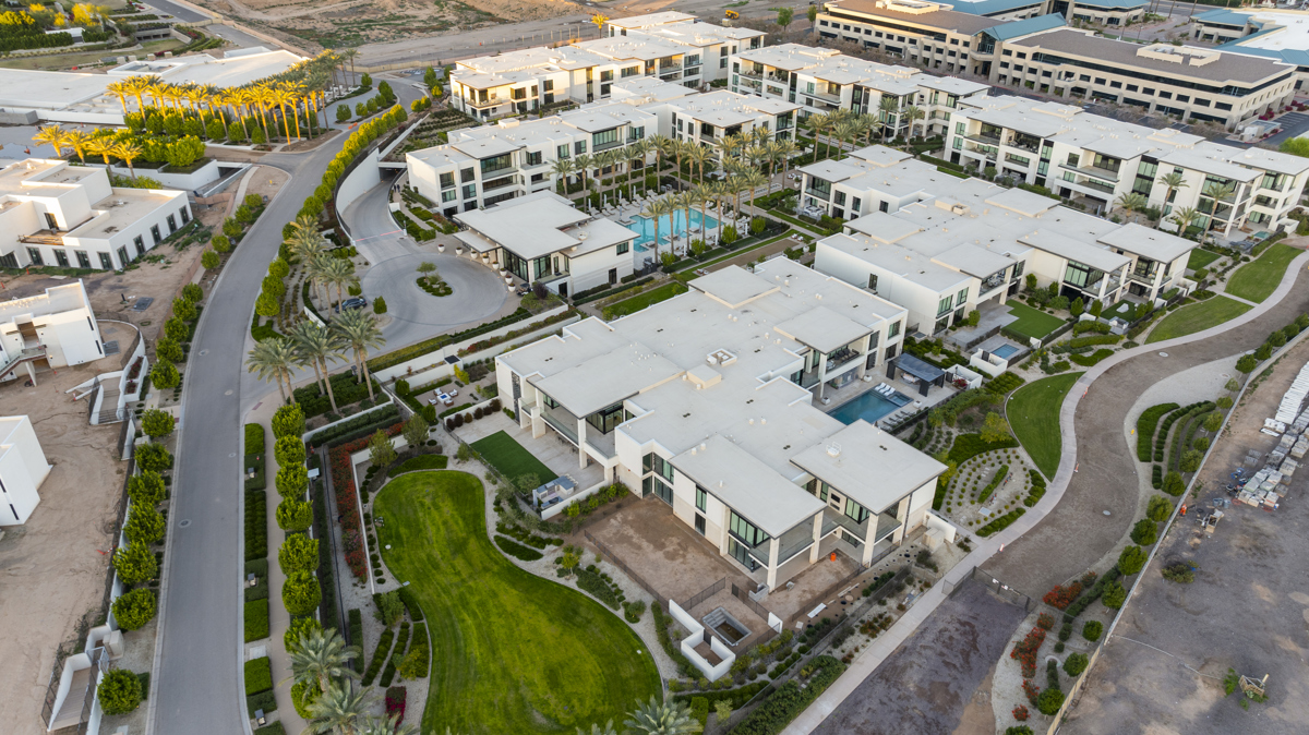 Aerial view of Ritz-Carlton Residences Paradise Valley villas and central pool area.