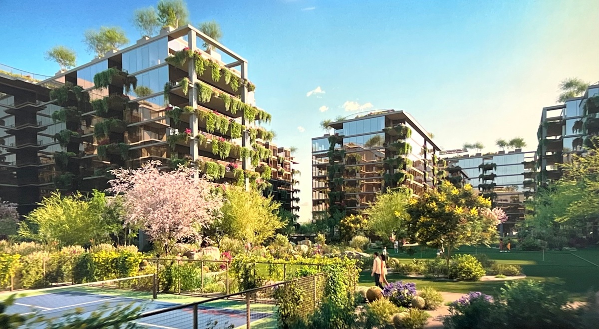 Optima McDowell Mountain buildings with lush greenery and landscaped park.