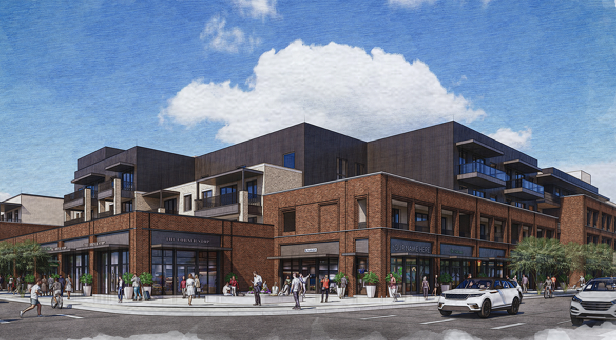 Brick-and-modern building complex with street-level shops, apartments above, and pedestrians on a lively corner.