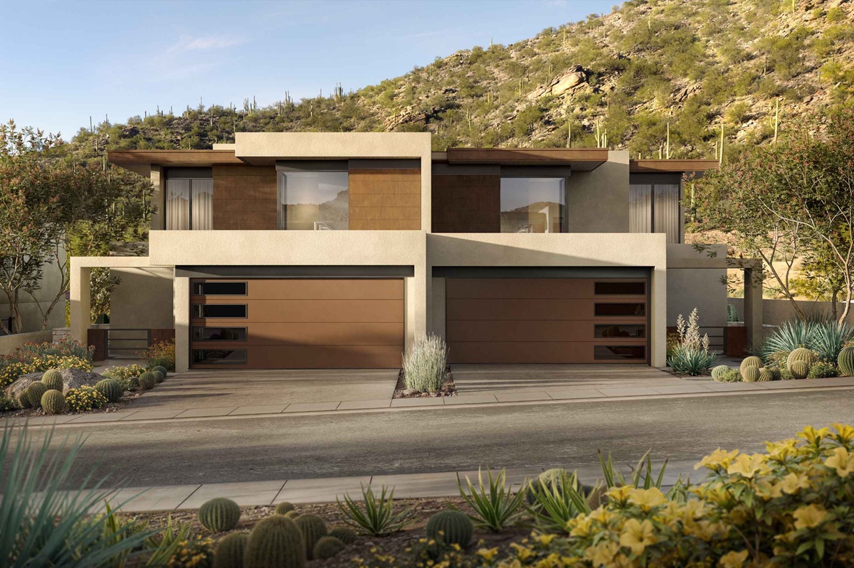 Rendering of modern desert home at Ritz Carlton Residences, Dove Mountain with garage and mountain backdrop.