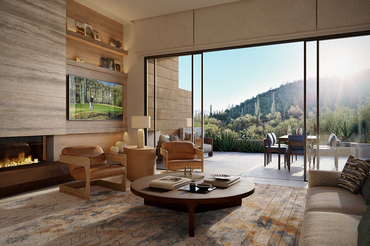 Rendering of living room with desert views at Ritz Carlton Residences, Dove Mountain with fireplace and patio.