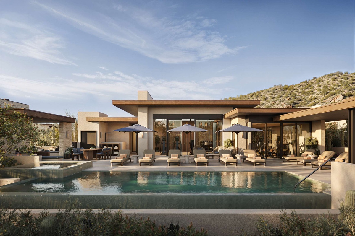Rendering of resort-style pool at Ritz Carlton Residences, Dove Mountain with lounge chairs and mountain backdrop.