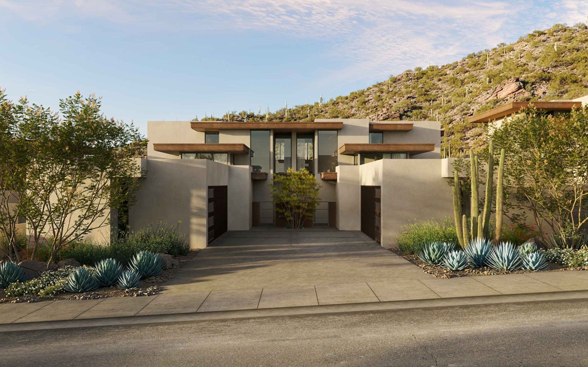 Rendering of modern desert home facade at Ritz Carlton Residences, Dove Mountain with driveway and cactus landscaping.