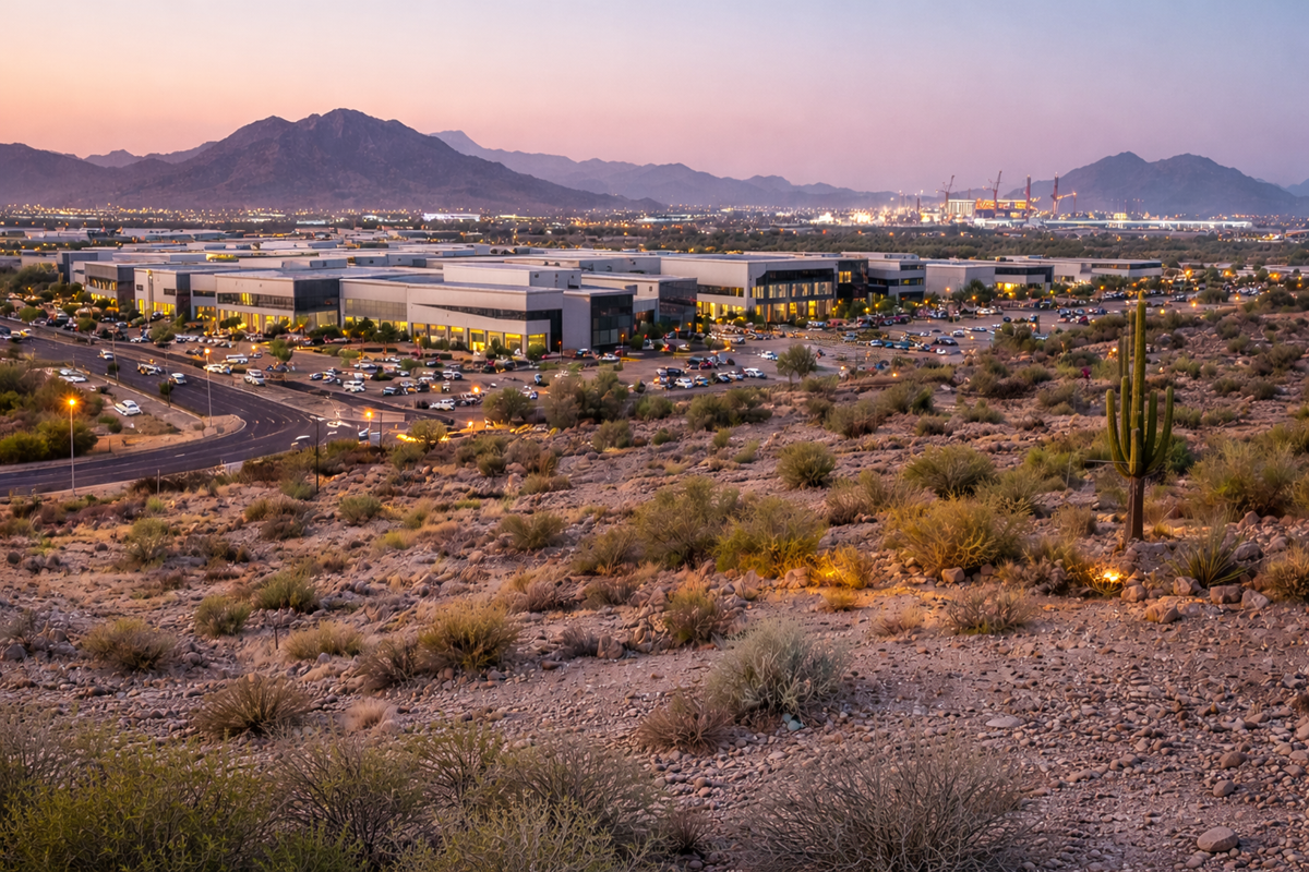 Industrial buildings in rocky desert valley at dusk.