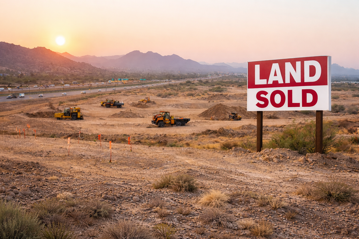 “Land Sold” sign beside desert development site at sunset.