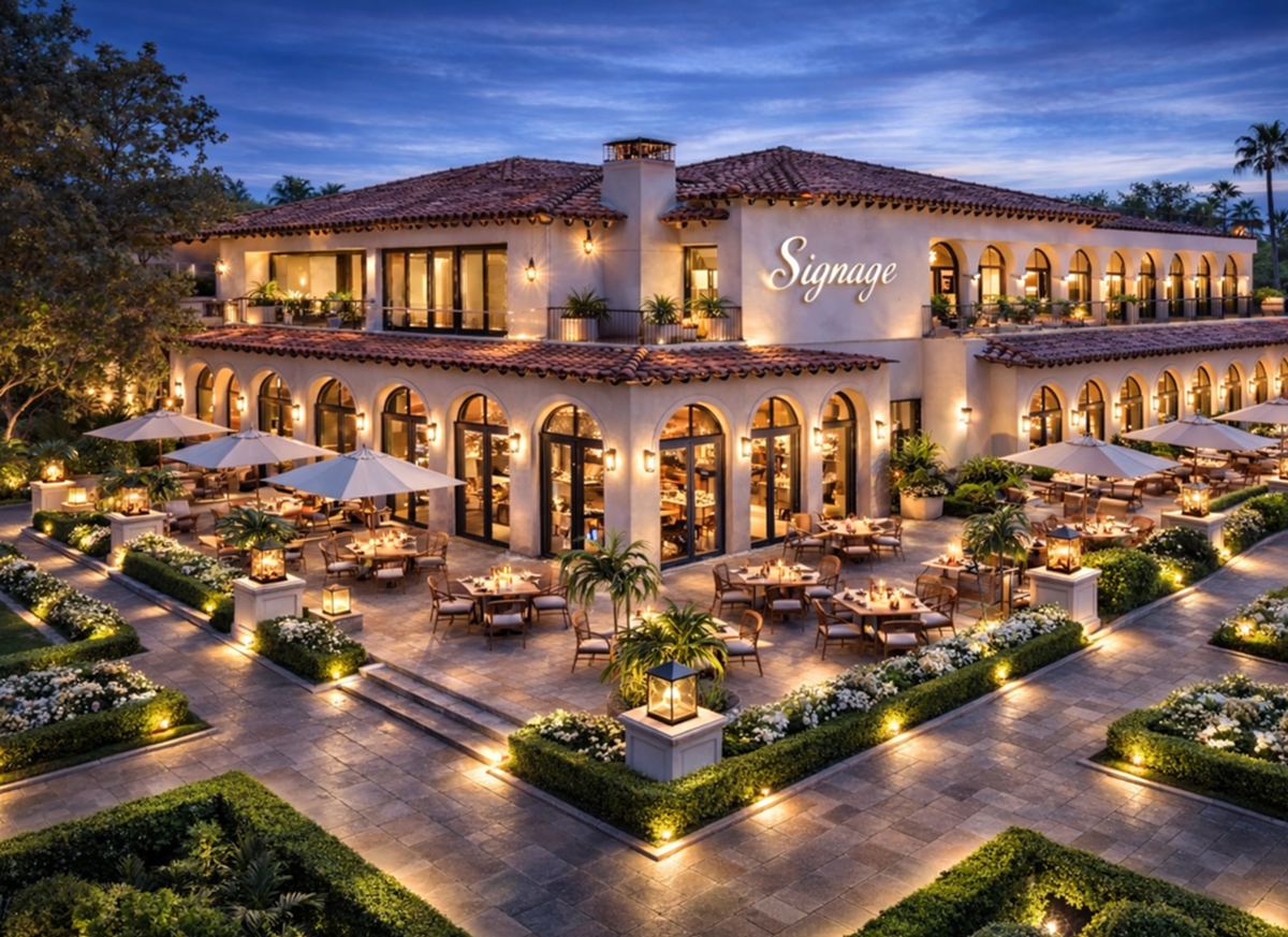 Rendering of Lakefront at Scottsdale in McCormick Ranch, showing Spanish-style waterfront dining patios at dusk.