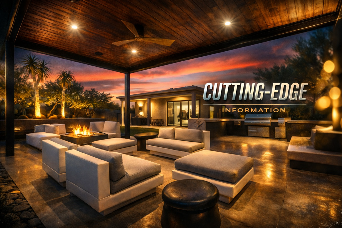 Stylized luxury outdoor living space with fire pit and cutting-edge real estate insights.