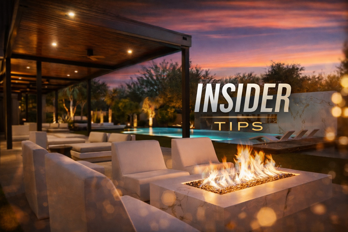 Modern Scottsdale luxury patio at dusk featuring insider tips for buyers and sellers.