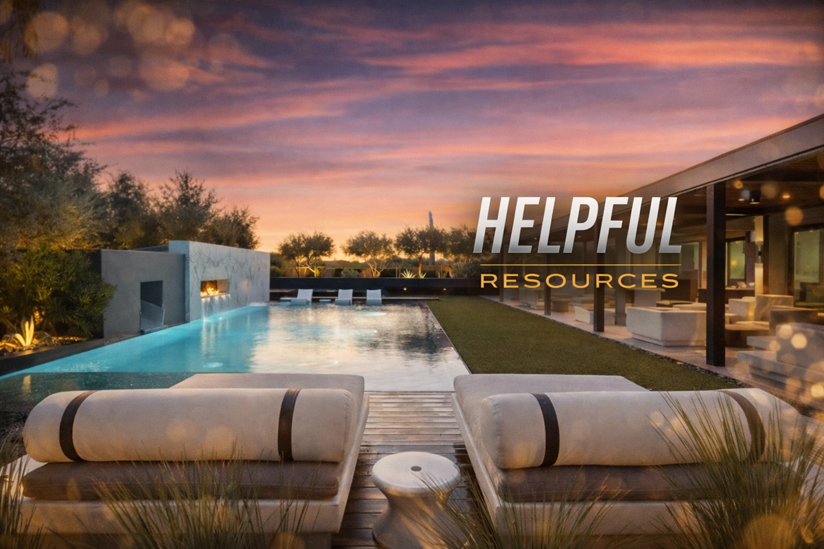 Elegant Arizona luxury pool retreat at sunset showcasing helpful real estate resources.