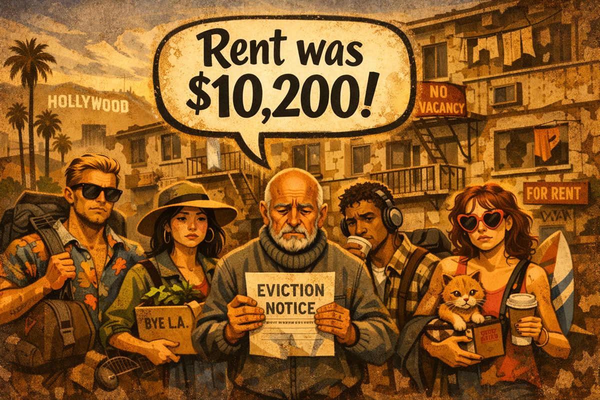 Stylized cartoon of frustrated Los Angeles renters standing before a rundown Hollywood apartment building with a speech bubble reading “Rent was $10,200!”