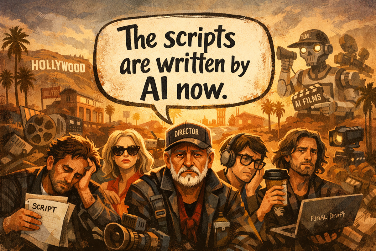 Vintage-style cartoon of discouraged Hollywood creatives under the Hollywood sign with a speech bubble saying “The scripts are written by AI now.