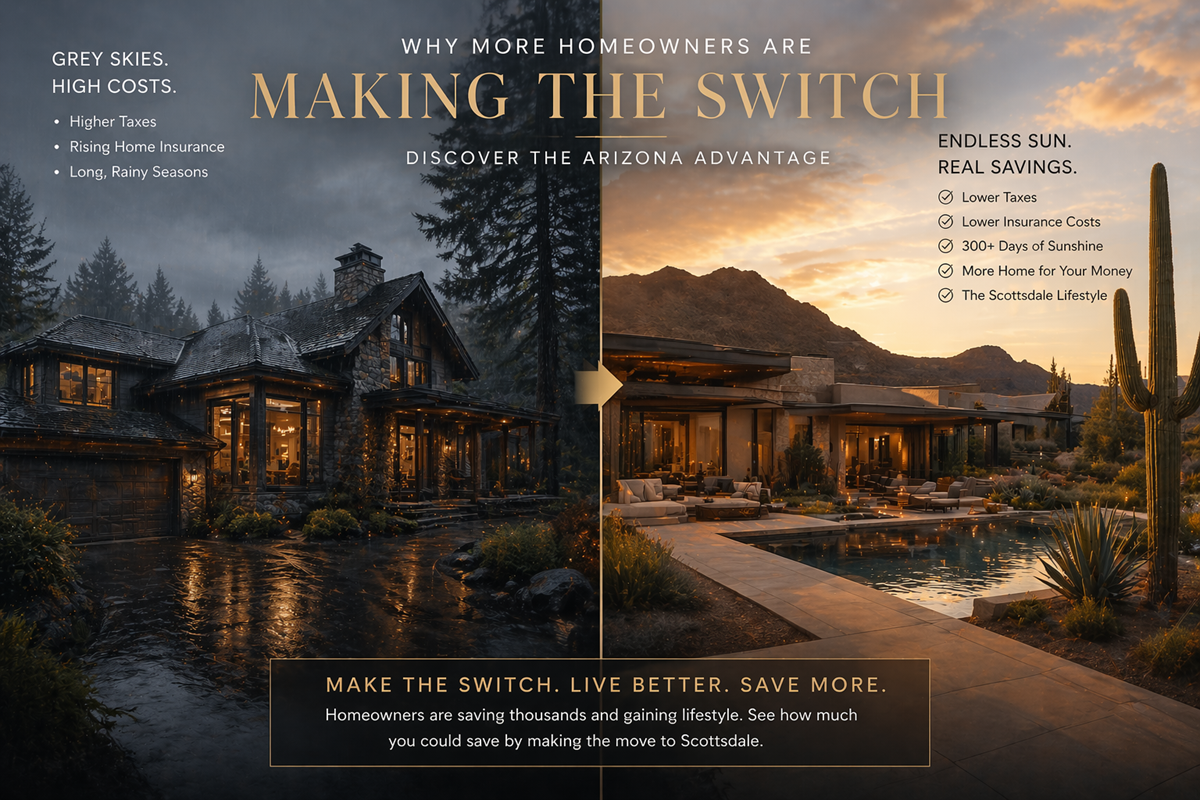 Split-screen luxury home comparison showing rainy Washington estate vs sunny Scottsdale Arizona luxury home, highlighting tax savings, sunshine, and lifestyle benefits of relocating.