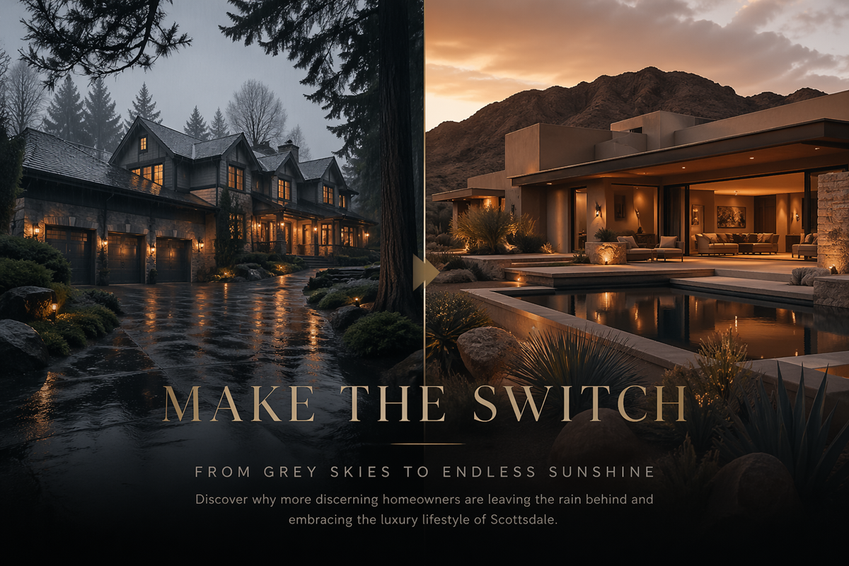 Cinematic side-by-side of a luxury Washington home in the rain and a modern Scottsdale desert estate, with “Make the Switch” messaging promoting a move to Arizona.