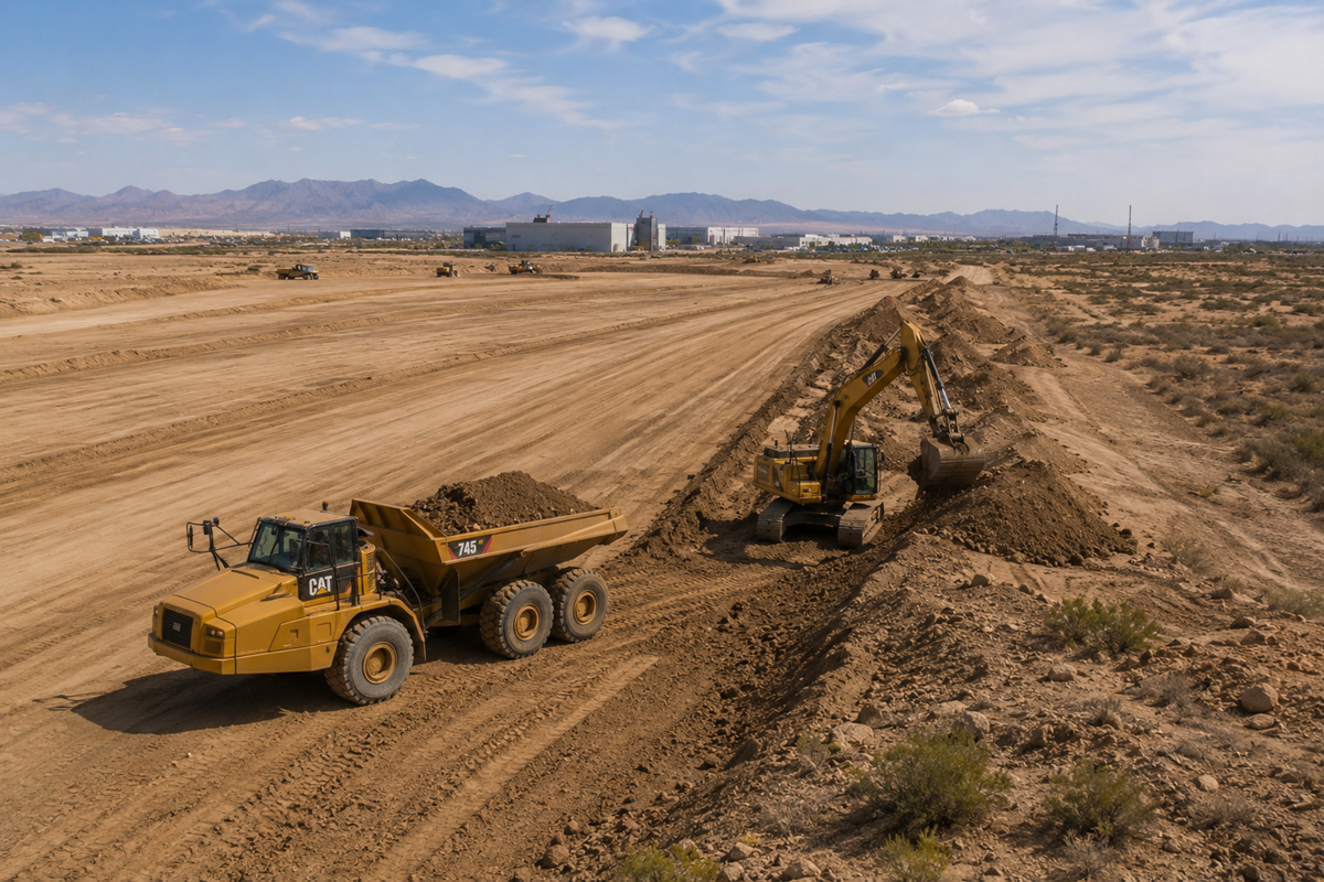 Excavator & haul truck moving dirt near future tech sites by TSMC.
