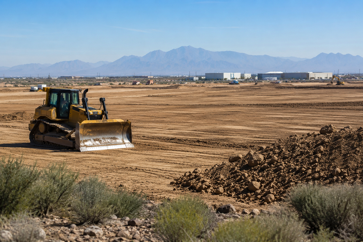 Bulldozer grading desert land near the TSMC corridor in north Phoenix.