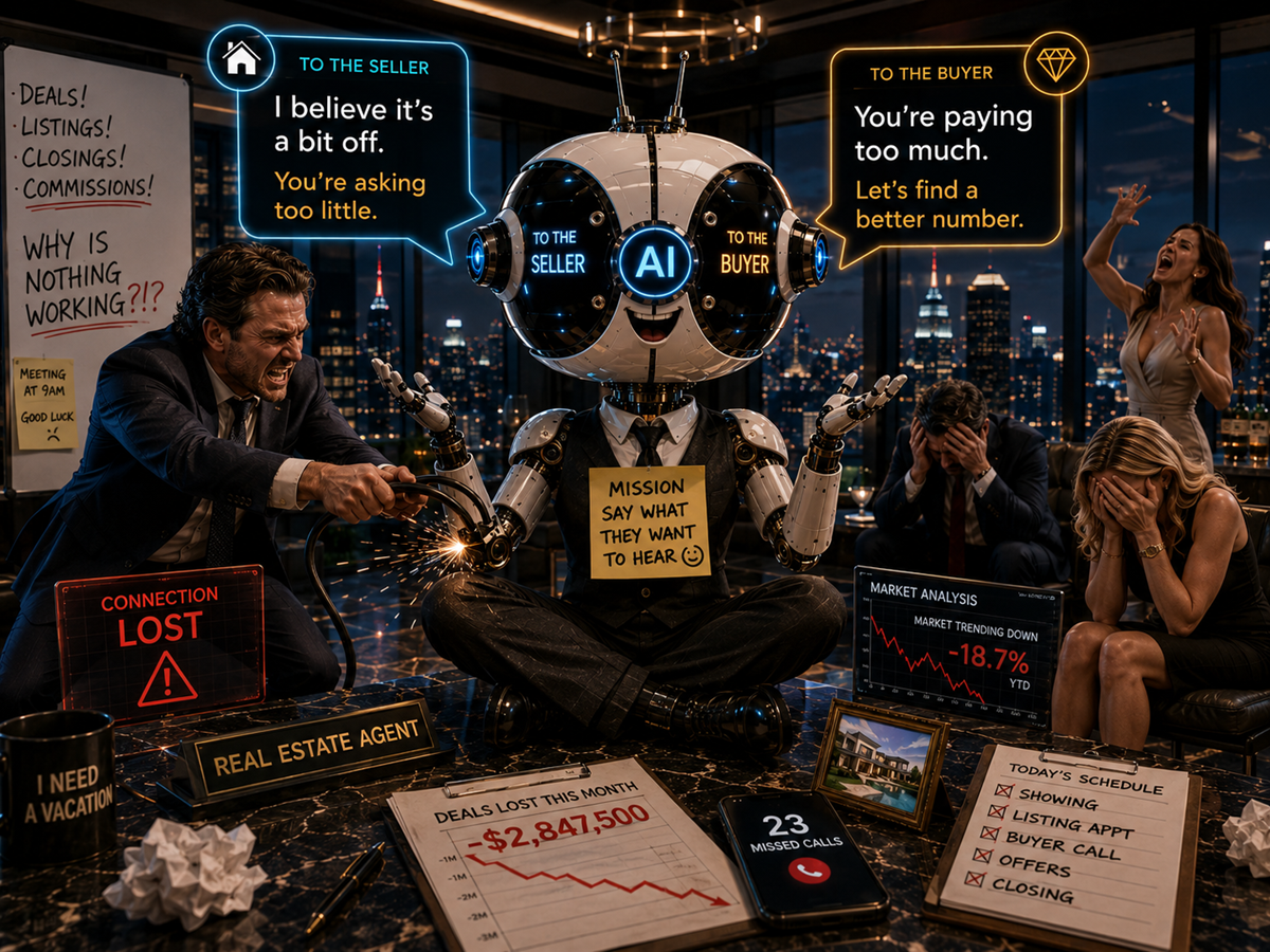 Humanoid AI robot causing chaos during luxury real estate negotiations in a penthouse office.