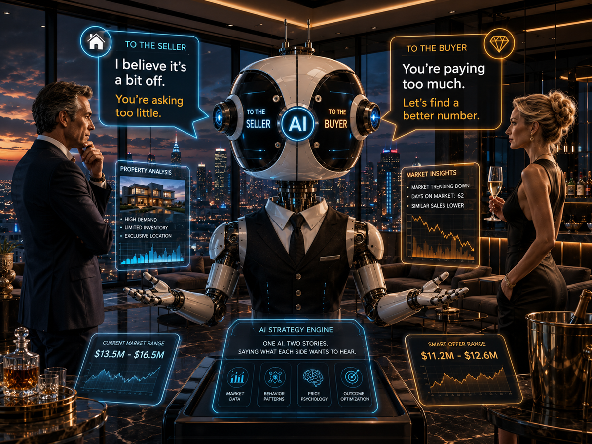 AI robot giving opposite advice to luxury home buyers and sellers in a high-rise penthouse.