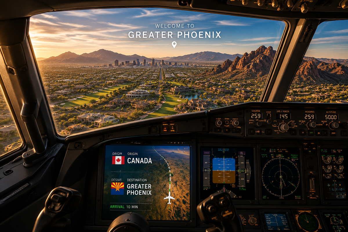 Cockpit view of an airplane approaching Greater Phoenix, overlooking desert mountains, luxury communities, and the city skyline as the flight nears its destination.