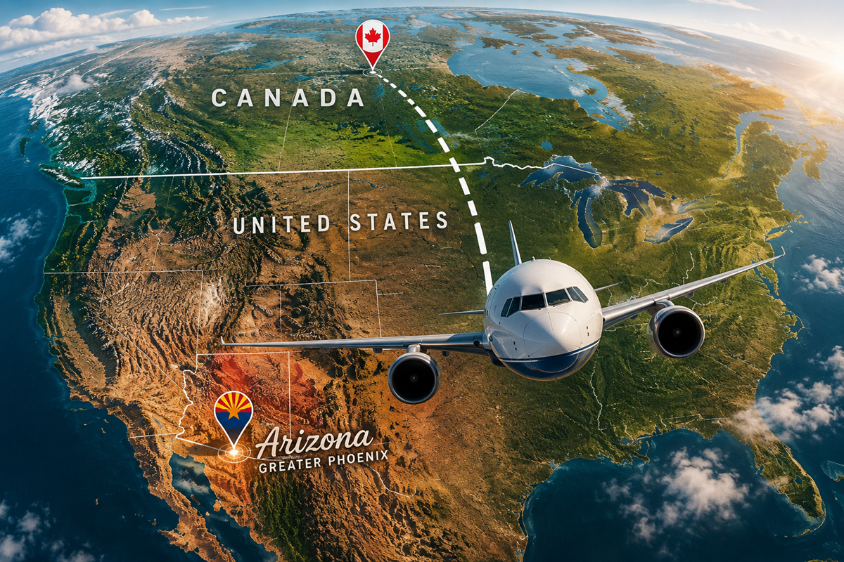 Airplane flying from Canada toward Greater Phoenix on a map of North America, with a highlighted flight path showing growing Canadian interest in Arizona real estate.