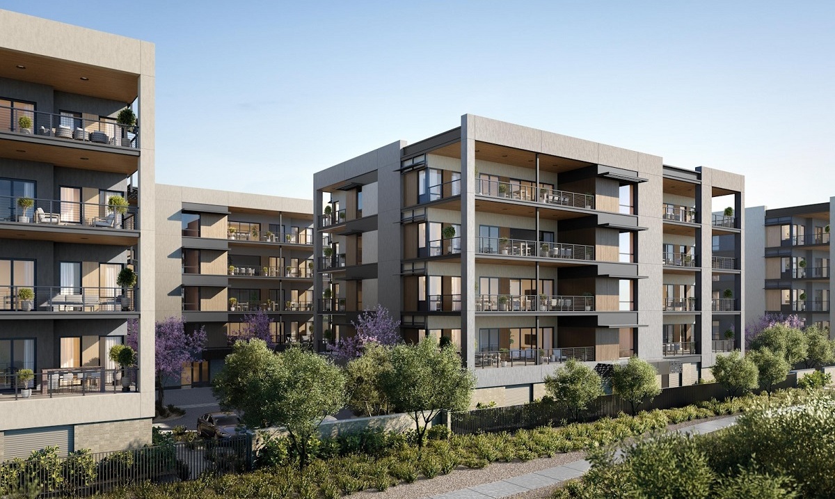 A rendering of a condo building in the One Scottsdale masterplan.