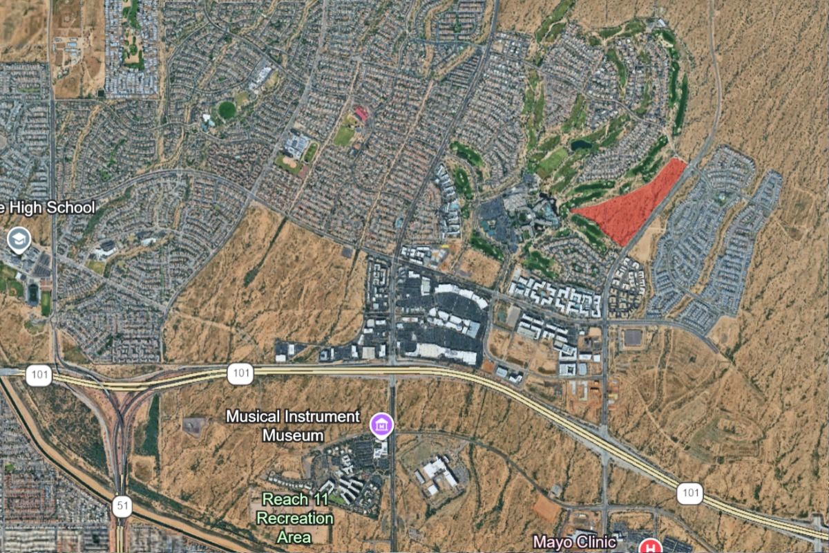 Wide aerial view showing the future Tellaro community site in Desert Ridge near Loop 101 and surrounding neighborhoods.