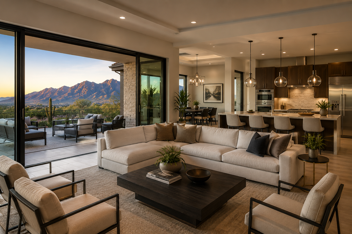 Modern Greater Phoenix living room with an open kitchen, patio, & mountain views.