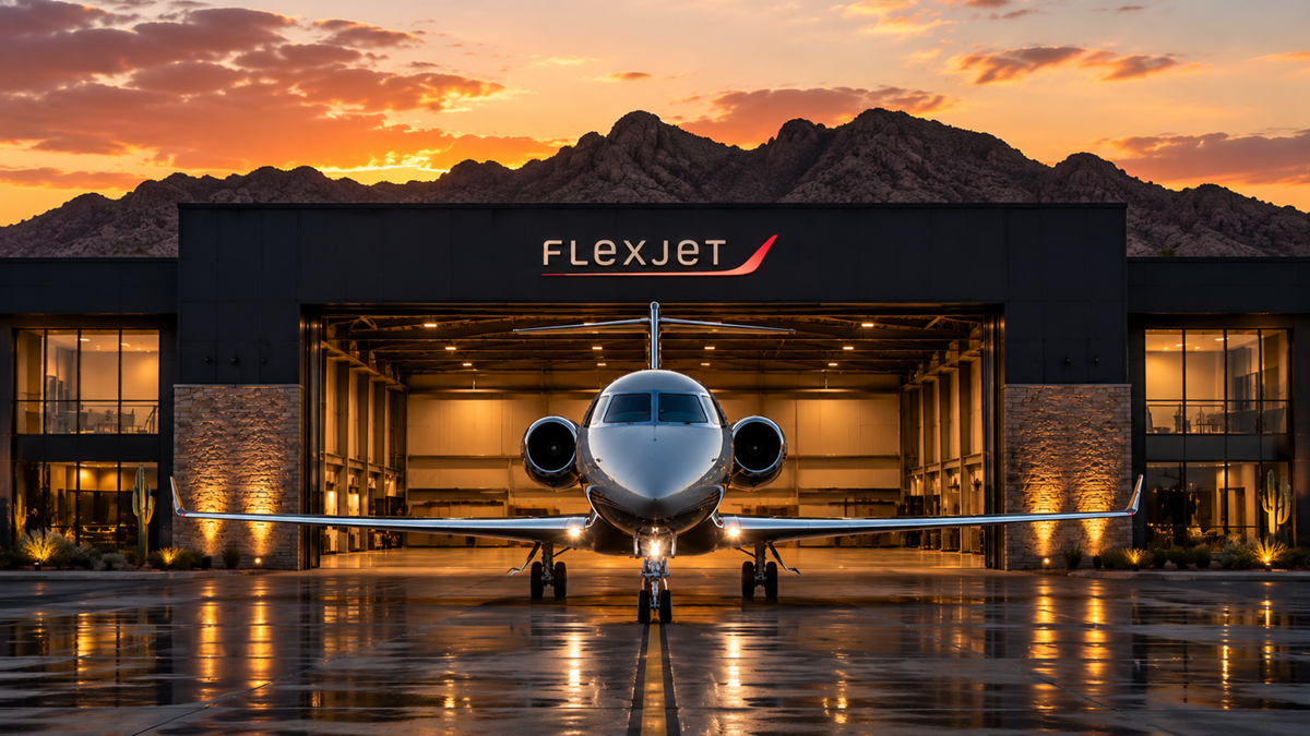A Flexjet private jet centered outside a luxury hangar at sunset.