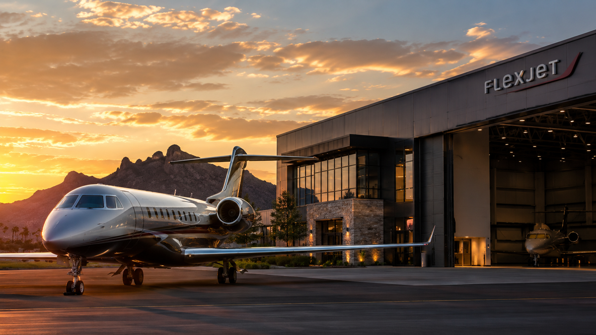 A Flexjet private jet parked beside a modern hangar with mountain views at sunset.