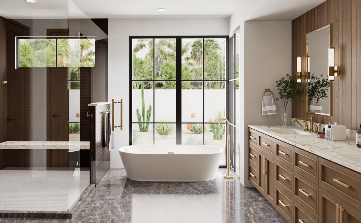 A photo of a luxury bathroom with a freestanding tub, glass shower, & wood cabinetry.