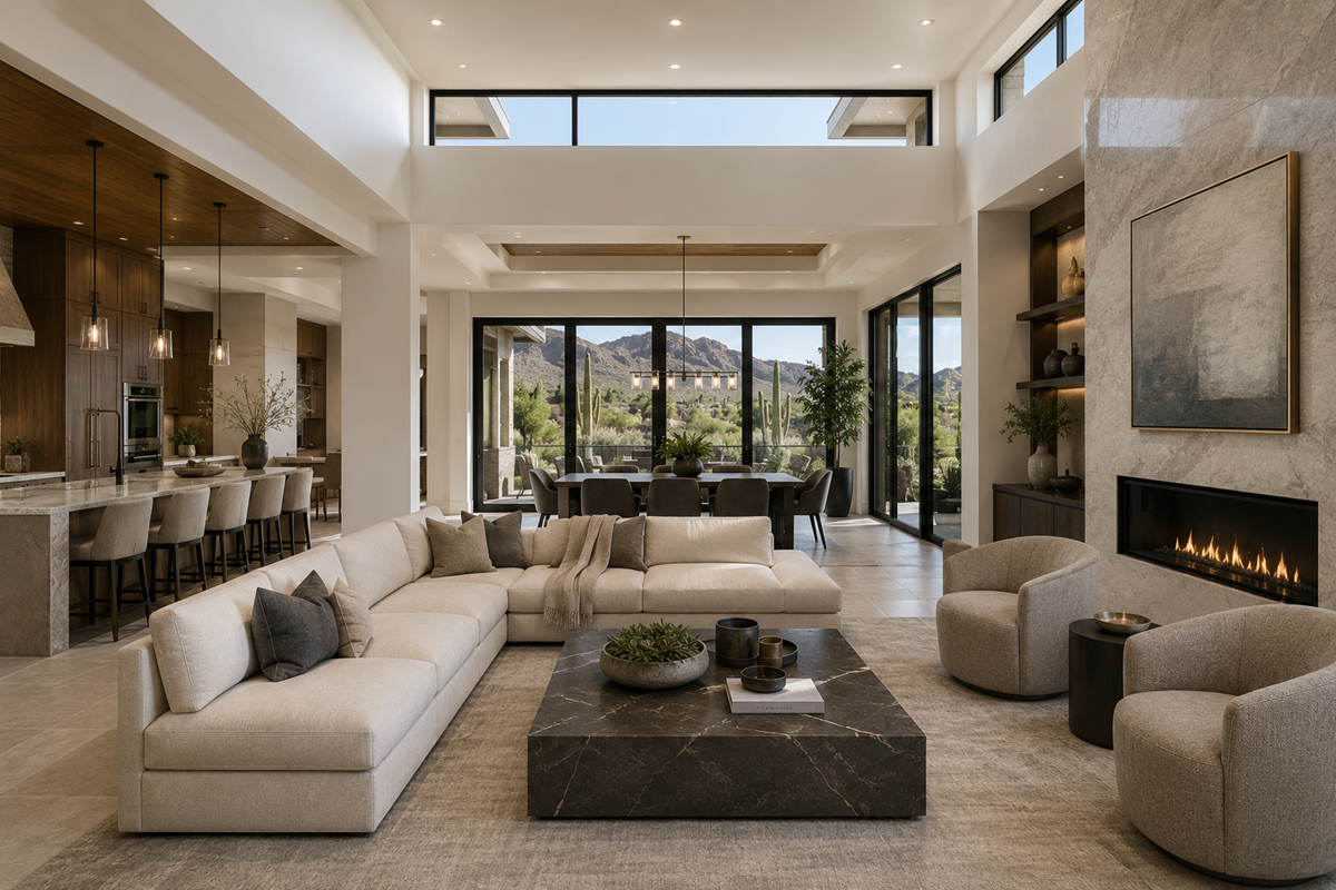 A photo of a modern luxury home's open-concept living room with mountain views and upscale finishes.