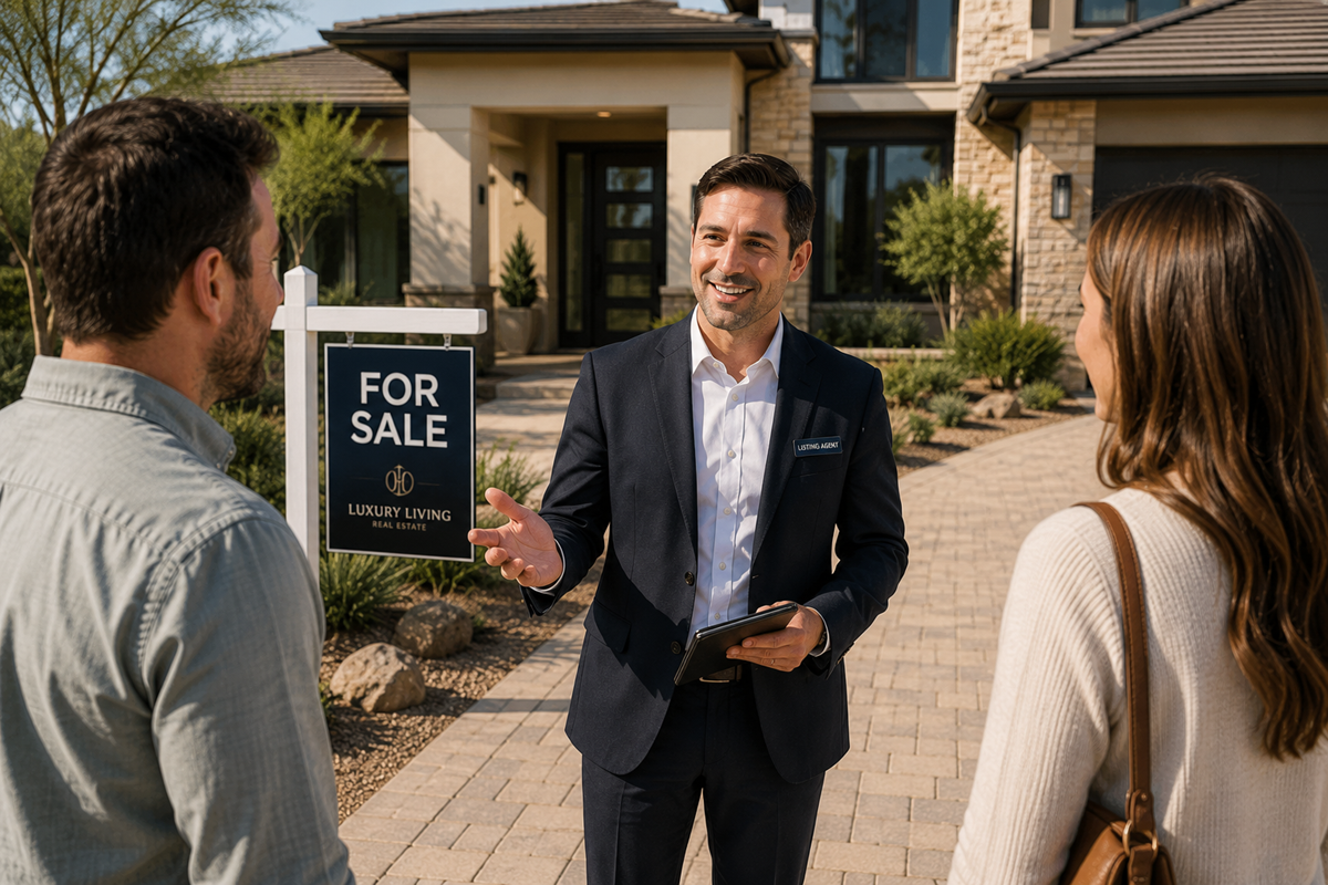 A photo of a listing agent greeting prospective buyers outside a luxury home with a For Sale sign.